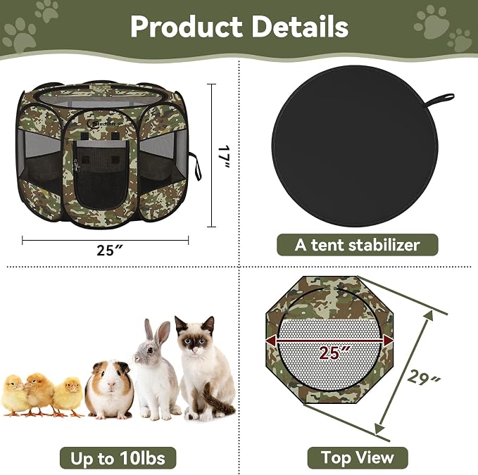 Siedihit Playpen for Small Dog Cat, Dogs Tent Crate Cage Indoor/Outdoor, Portable Pop Up Dog Kennel with Carrying Bag for Rabbits, Removable Top (Green Camo, Small)