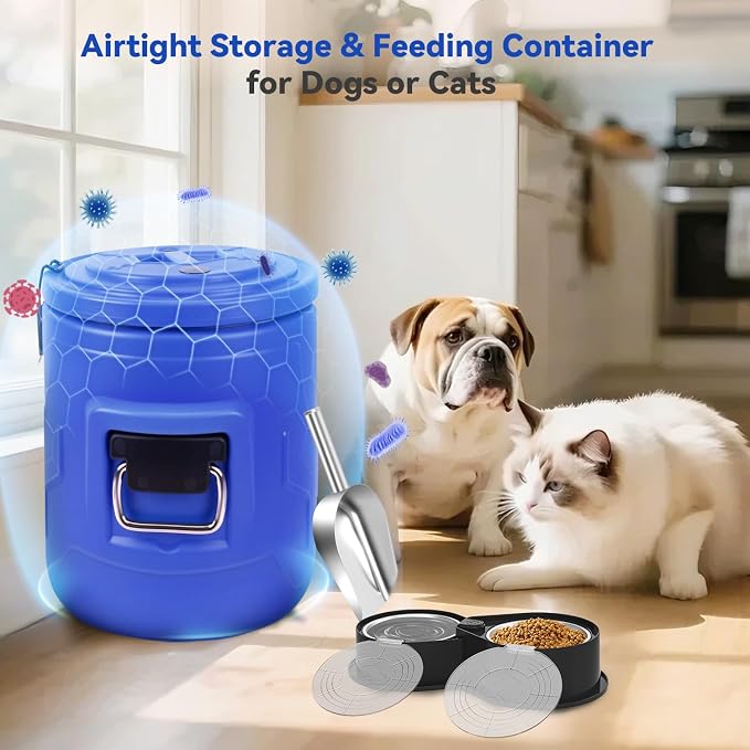 Newget 20lb Airtight Stainless Steel Dog Food Storage Container with Scoop, 20lb, Stainless Steel, Blue