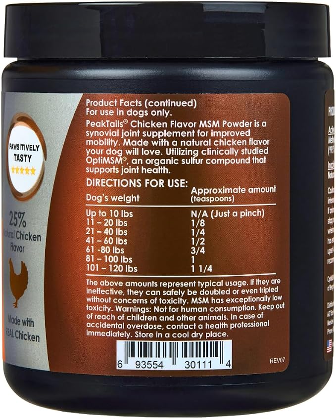 KALA HEALTH PeakTails Chicken Flavor MSM Powder for Dogs, US-Sourced, 1 lb