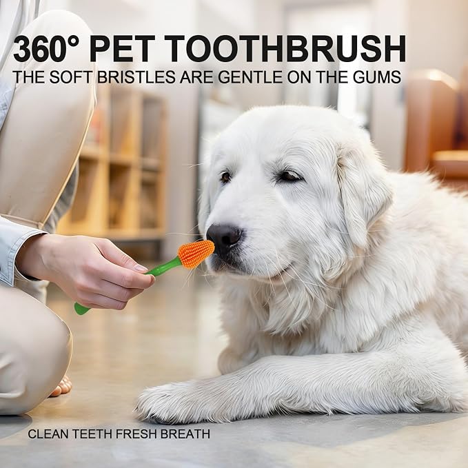 HOP Dog Toothbrush Orange 360° Soft Silicone Bristles Dog Toothbrush Full-Angle Dental Cleaning Green Bamboo-Shaped Long Handle Pet Dental Care for Dogs 6.89in/17.5cm