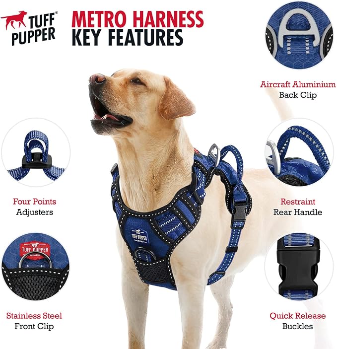 Tuff Pupper No Pull Easy Walk Dog Harness | Heavy Duty Pet Vest | Front & Back Leash Clips | Strong Safety Handle | Reflective Anti Pull Vest | Comfortable Padded Escape Proof Harness (Small, Blue)