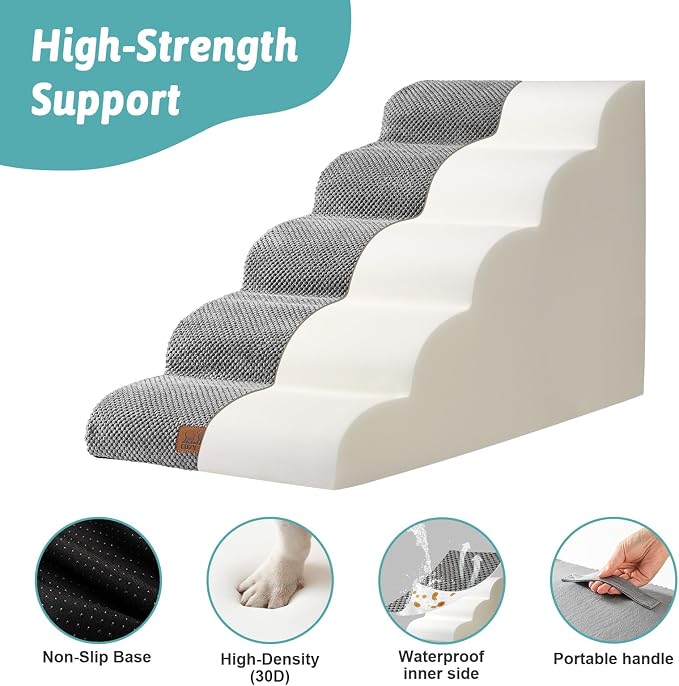 COZY KISS Extra Wide Dog Stair for Small Dog, 5 Step Pet Ramp for Bed | Curved Stable Dog Step for Puppy, Older Cat, Senior, Medium, Short-Legged Dog, Non-Slip Ladder for High Bed, 22.4" H, Grey