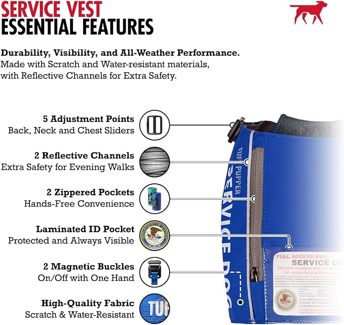 Tuff Pupper Service Dog Vest with ID Pocket | No Leash Attachment | Quick-Release Magnetic Buckles | Reflective Trim | Adjustable Fit | Comfortable & Durable | Designed for Small Dogs (Blue, Medium)