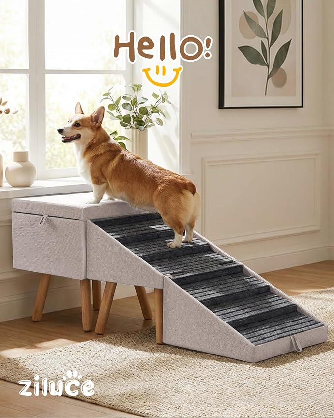 Dog Ramp for Bed & Couch, 21.06 inches High Dog Stairs for Large/Medium/Small Doggie, Foldable 2 in 1 Wooden Pet Steps for Puppy Older and Injured Dogs, Split Ottoman Design, No-Slip Surface (Apricot)