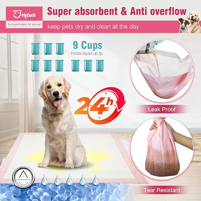 Joyeux Extra Large Puppy Pads, Super Absorbent, Ultra Leak-Proof, Quick Dry - 31.5" x 35.4" Pee Pads for Dogs - Dog Pads for Potty Training, 40 Count, Unscented, Pink, XXL