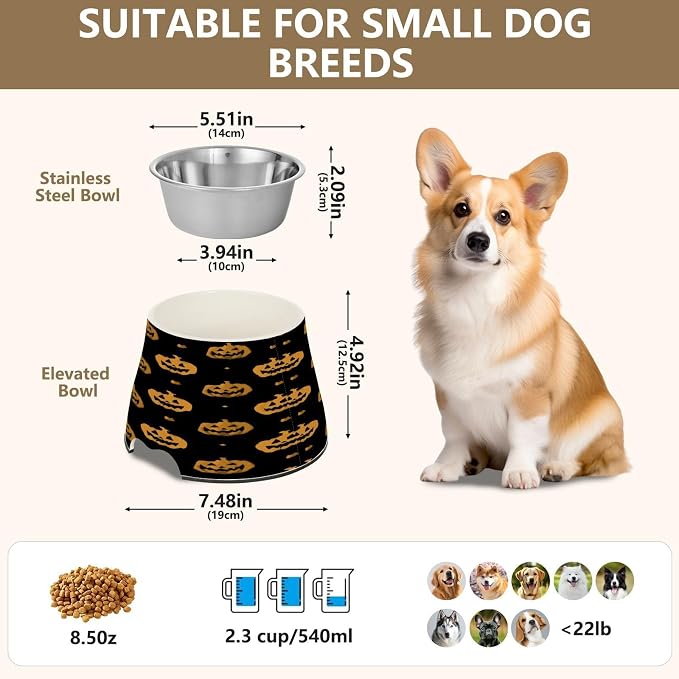 Blueangle Elevated Dog Bowls with Stainless Steel - Non-Slip 2.3 Cup High Capacity Pet Dish for Spinal Health & Orange Pumpkins Design（15）