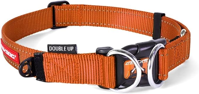 EzyDog Double Up Dog Collar, Strong Double D-Rings - Small, Orange | Dual D-Rings for Superior Strength, Safety, and Comfort, Soft Touch Nylon Webbing, Reflective Stitching, Id Attachement Point