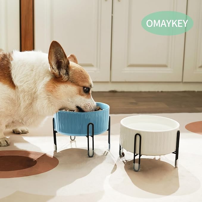 32 OZ Raised Dog Cat Bowls with Elevated Metal Stand, 6.5 Inch Ceramic Round Pet Food and Water Feeder Bowl Dish for Cats & Dogs, White & Blue, Set of 2