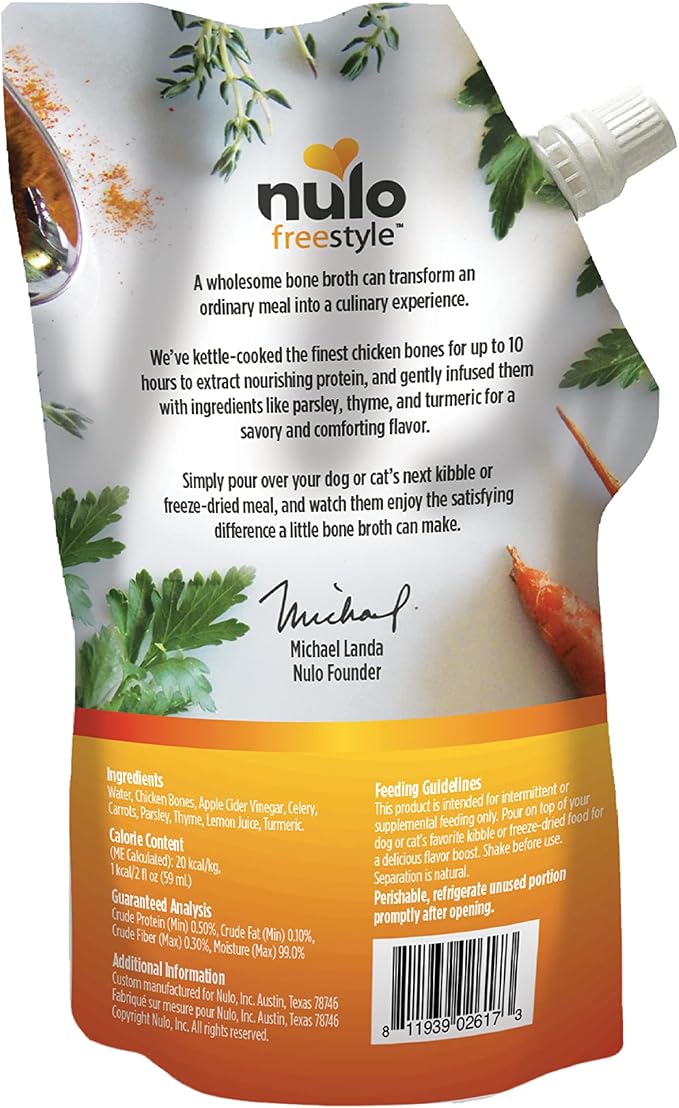 Nulo Freestyle Bone Broth, Premium Food Topper for Cats and Dogs, with Collagen and Chondroitin Sulfate to Help Boost The Quality of Your Pet’s Coat and Skin, 20 FL Oz Pouch (Pack of 2)