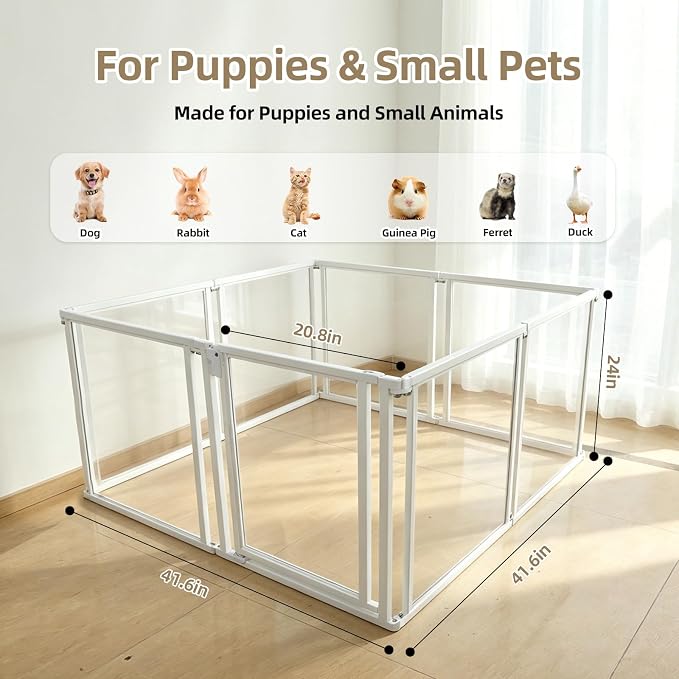 24" H Clear Dog Playpen Indoor, Metal Frame Acrylic Dog Play Pen Cage with Door - 8 Panels, Easy Assemble Pet Fence, DIY Foldable Puppy Pen for Ducks Cat Rabbit Small & Medium Pets- White