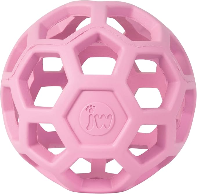 JW Pet HOL-ee Roller Dog Puzzle Ball, Small 3in, Natural Rubber, Pink | Puzzle Ball Design Dog Toy for Interactive Play and Chasing Fun