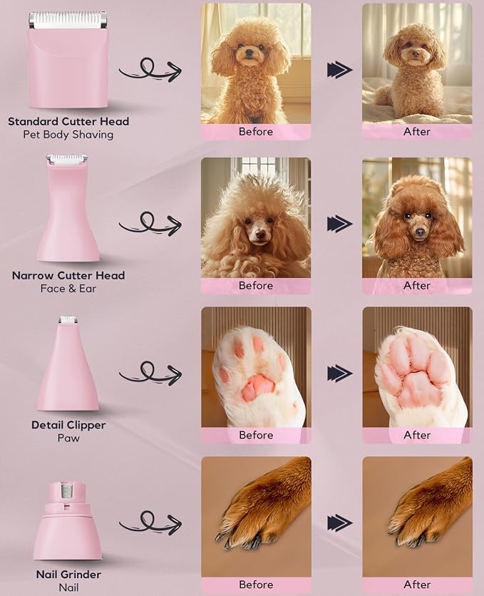 4-in-1 Dog Clippers Grooming Kit - Paw Trimmer & Nail Grinder, Pink