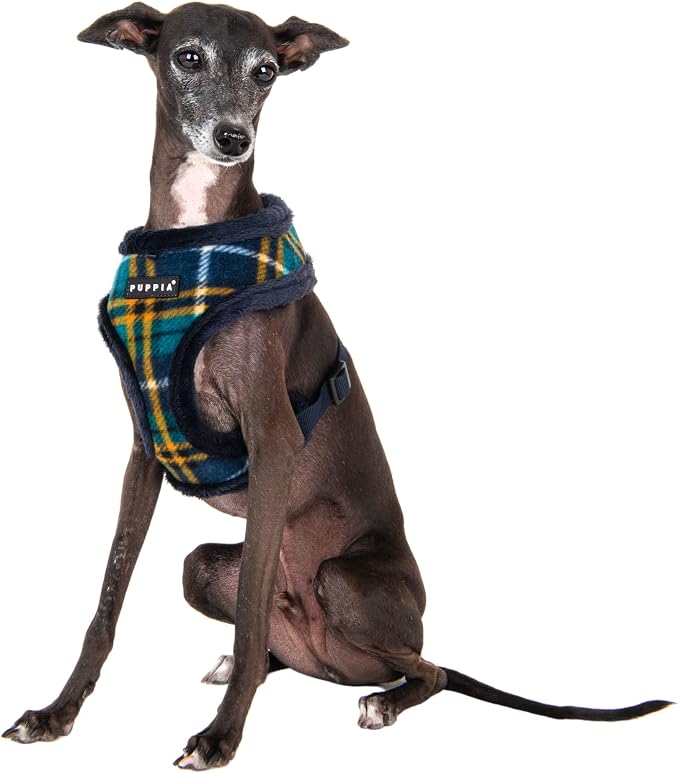 Puppia Norman Dog Harness Over-The-Head Warm Winter Checkered Pattern Adjustable Chest for Small and Medium Dog, Navy, Small