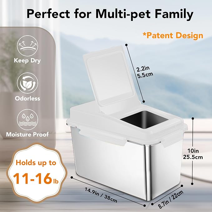 Newget 11 lb Stainless Steel Dog Food Storage Container with Scoop, 11 lb, Stainless Steel, White