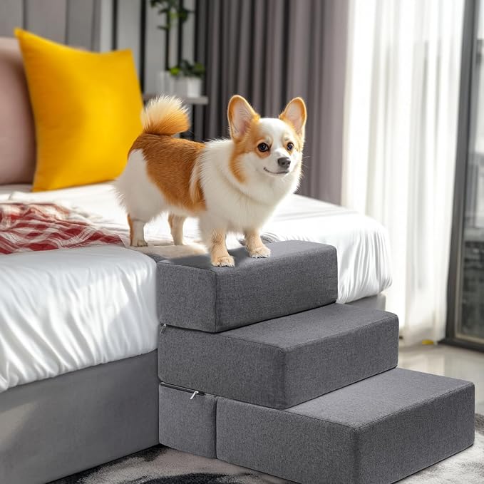 Dog Stairs for Small Dogs 18" H, Modular 3-Step Dog Steps for Bed and Couch, Non-Slip Indoor Pet Stairs for Cats, Pet Step with Washable Cover Grey
