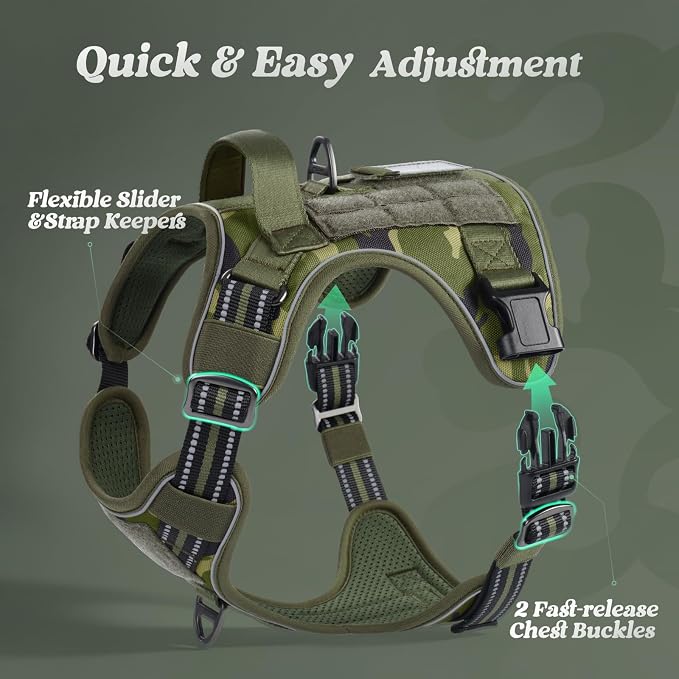 rabbitgoo Tactical Dog Harness for Small Dogs, No Pull Service Pet Vest | Military Molle System & Easy Control Handle, Adjustable and Reflective for Walking and Training, Green Camo, Small