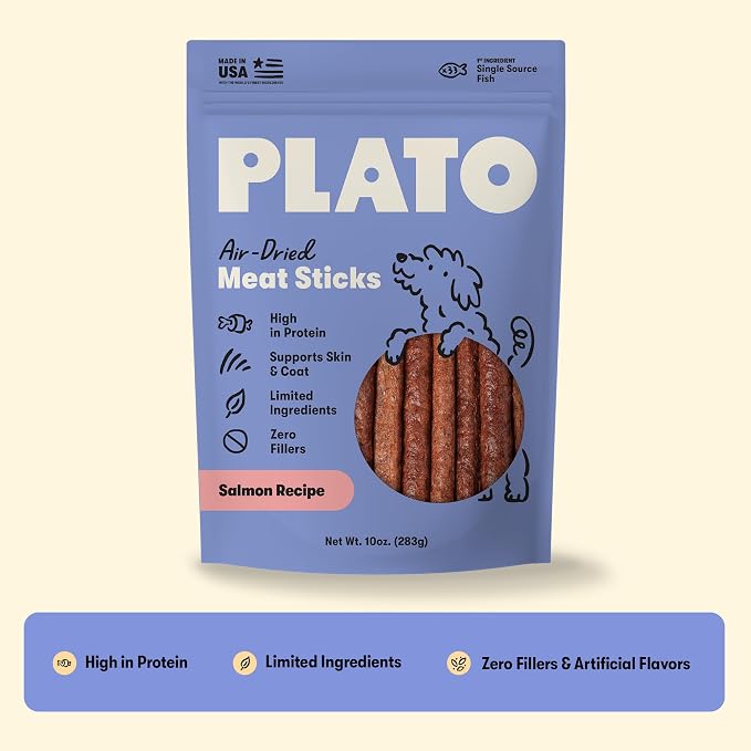 Plato Meat Sticks Lamb Dog Treats, Air-Dried High-Protein Soft Chews, Grass-Fed New Zealand Lamb with Omega Fish Oil, 10 oz
