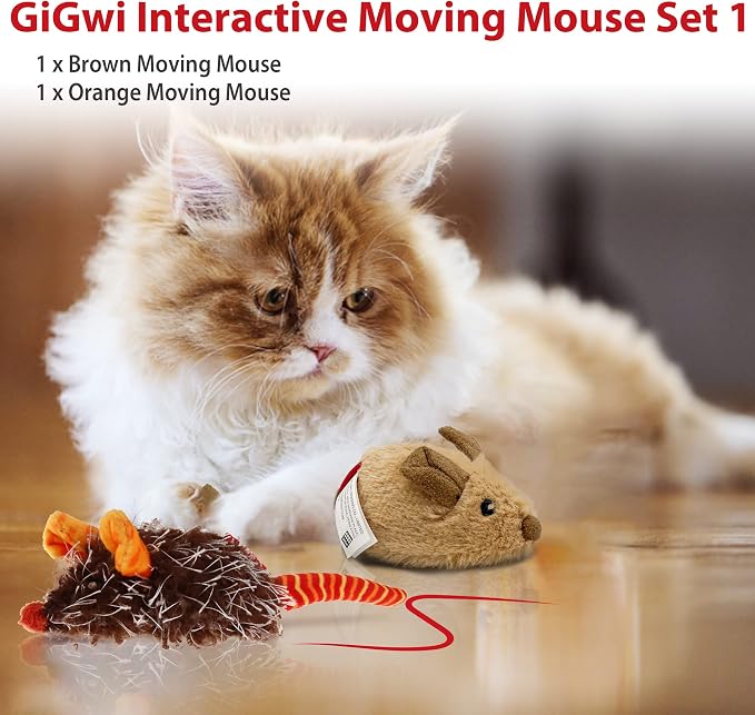 Gigwi Automatic Moving Cat Mice Toys 2 Pack, Interactive Chase Toys for Cat | Electronic Motion-Activated Mouse Squeaky Toy, Brown & Orange Colors, Cat Hunting Toy Great for Indoor & Outdoor Exercise