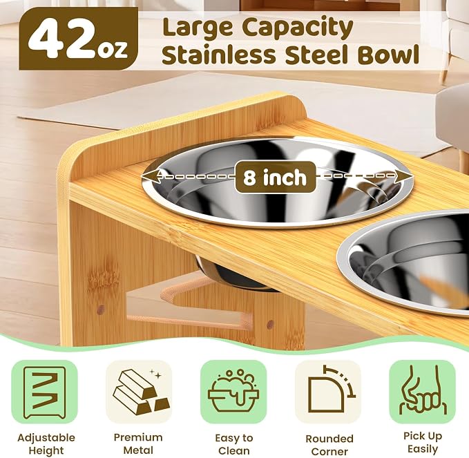 Elevated Dog Bowls, Adjustable Raised Dog Bowl Stand for Medium and Small Pet, 11" High Bamboo Pet Food Feeder with 2 Stainless Steel Dishes（4 Heights）