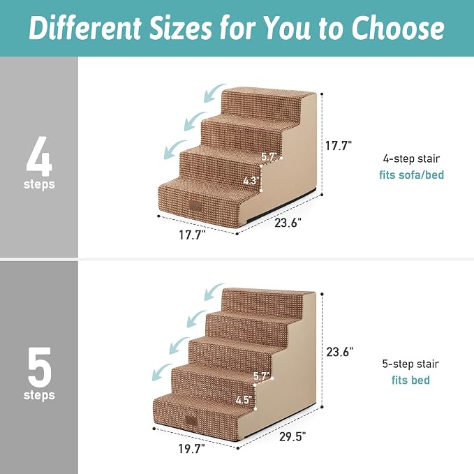 COZY KISS Dog Stairs for Small Dogs, 5 Step Pet Stairs for Beds & Couches | 23.6" H Wider Non-Slip Dog Steps for Bed, Ideal for Puppies, Senior Cats, and Small to Medium Dogs, Light Brown