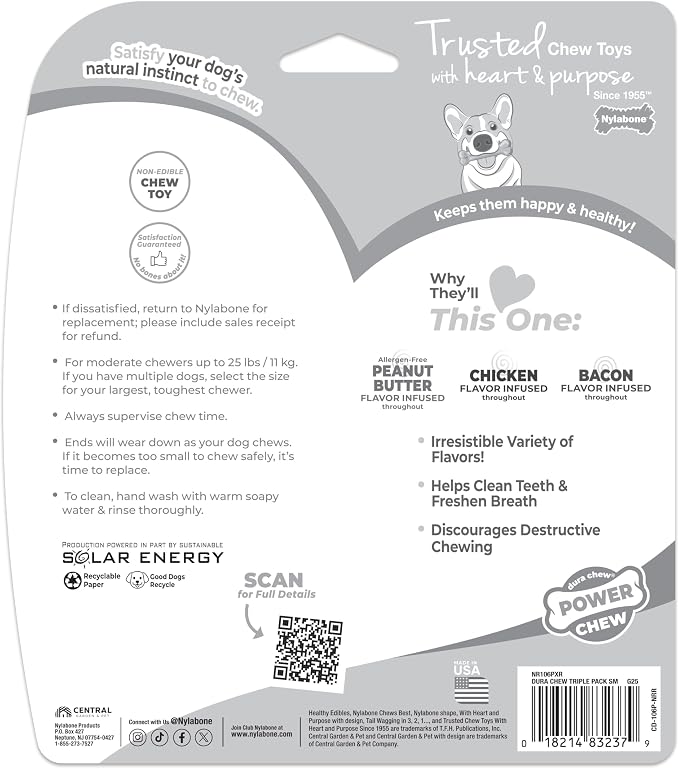 Nylabone Power Chew Original Bone Dog Chew Toys, Small, 3 Count | Peanut butter, chicken, and bacon flavor, durable dog toys for aggressive chewers, helps clean teeth, for dogs up to 25 lbs