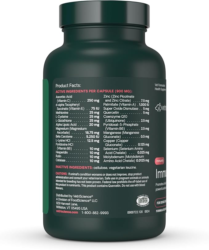 VetriScience Immunity Health for Medium and Large Dogs, 120 Count | Immune Support Supplement for Medium & Large Breed Dogs with Vitamin C, CoQ10 & L-Lysine, Hypoallergenic Formula