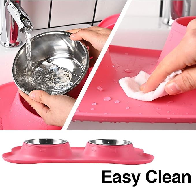 Dog Bowls 2 Stainless Steel Bowl for Pet Water and Food Feeder with Non Spill Skid Resistant Silicone Mat for Pets Puppy Small Medium Cats Dogs