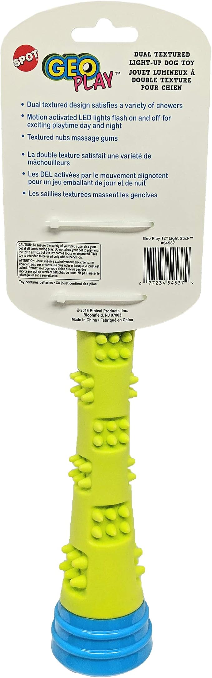 SPOT Geo Play Light & Sound Stick Dog Toy with Squeaker | Interactive Dual Textured Light-Up Dog Stick Toy | Motion-Activated LED Light | 12”