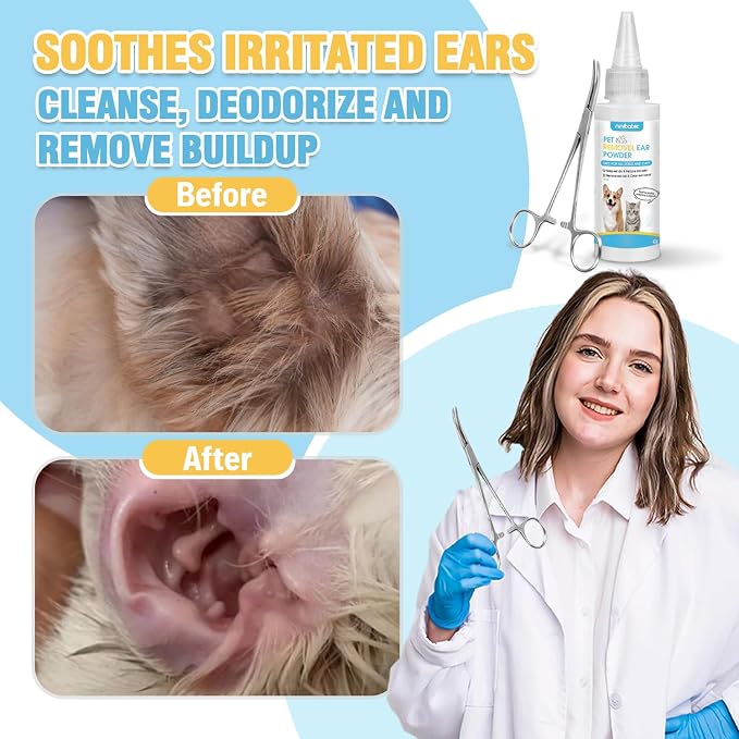 Dog Ear Powder for Hair Removal Kit, 42g, with Curved Grooming Tweezers