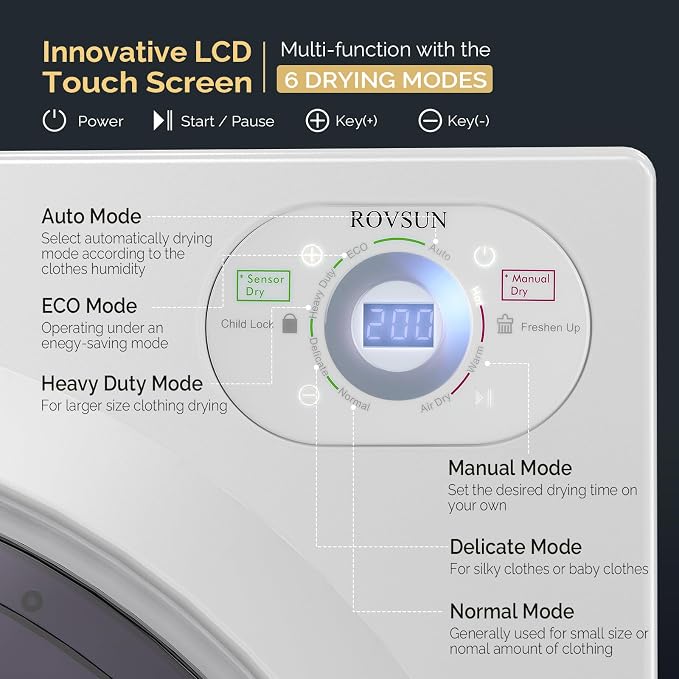 ROVSUN 2.6 Cu.Ft Portable Clothes Dryer, 1400W Fast Drying Front Load Tumble Laundry Dryer with Stainless Steel Tub & LCD Control Panel Six-Mode for Apartment, Home, Dorm