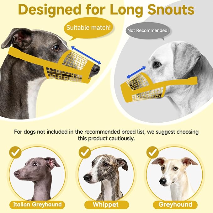 Soft Mesh Muzzle for Greyhound Whippet Long Narrow-Snouted Dogs | Prevent Excessive Biting Chewing Eating, Grooming Nail Trimming Walking Vet Visits Use, Allowing Drinking, Breathable | L