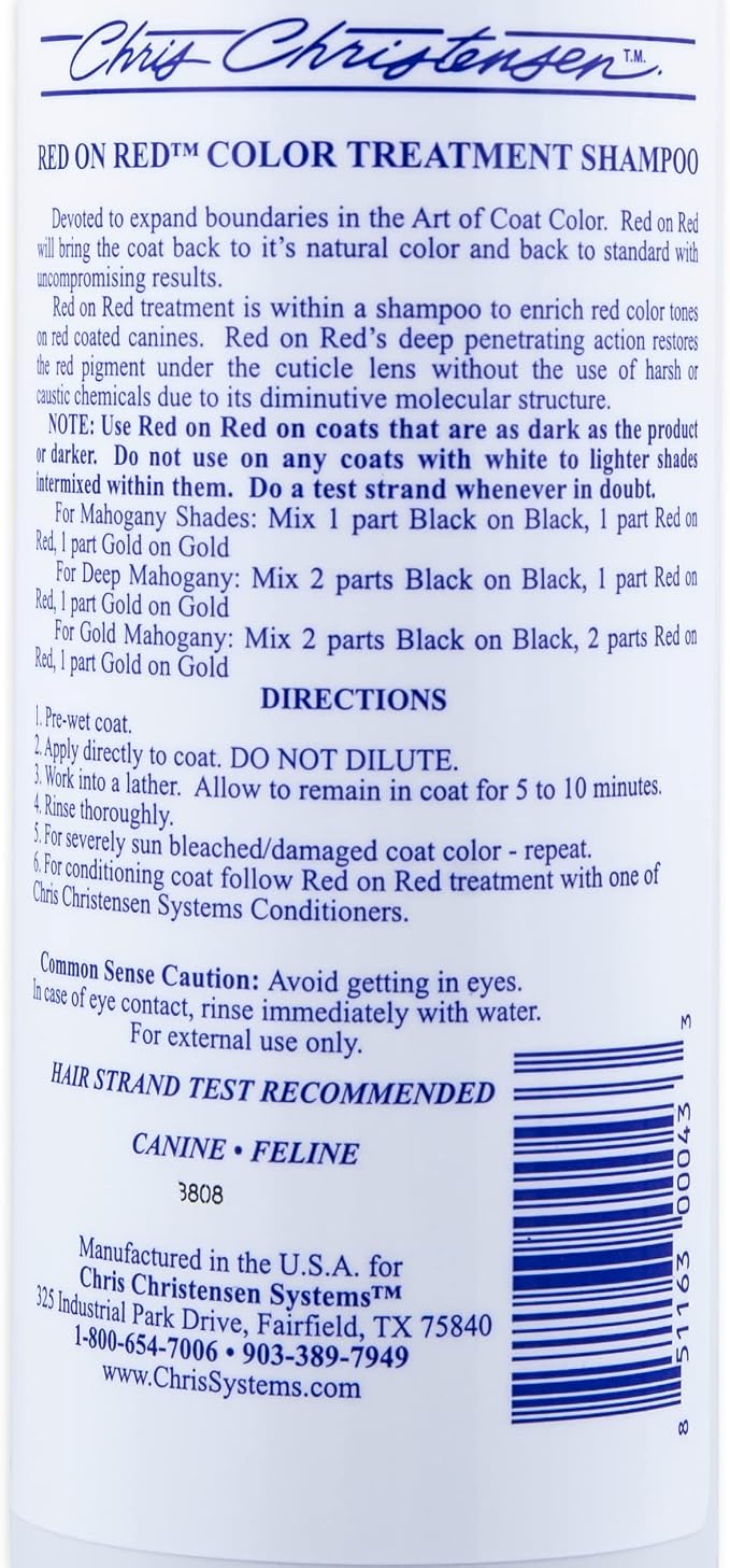 Chris Christensen Red on Red Color Treatment Dog Shampoo, Groom Like a Professional, Restore Color Pigment, Not a Dye, 16oz