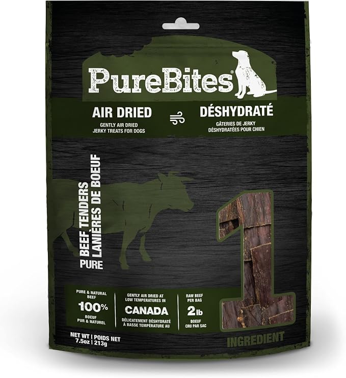 PureBites Beef Single Ingredient Air Dried Jerky Dog Treats, 7.5 oz | 100% Beef, Air-Dried, Made in Canada, High-Value Training Reward, 52 Calories/Tender, No Glycerin or Fillers