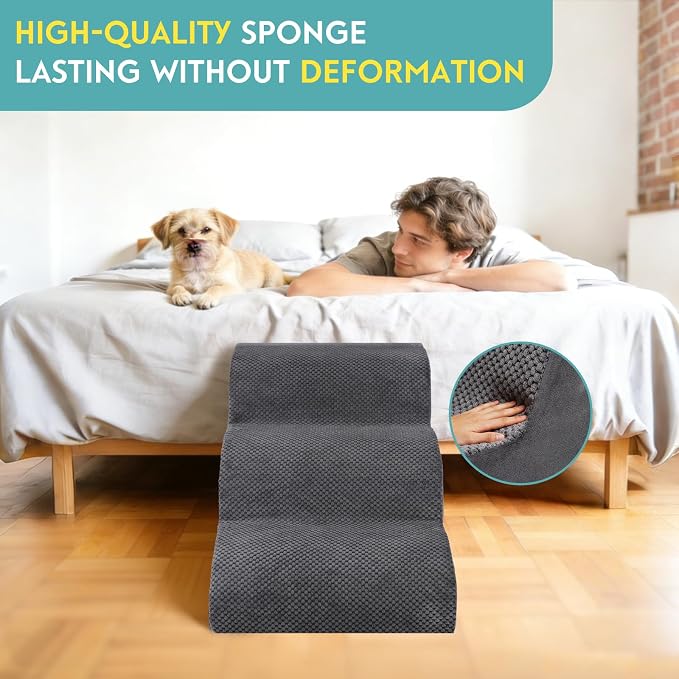 Dog Stairs for Small Dogs,15.7" H Pet Stairs 3-Steps Ramp for Puppy, Older Cat, Stairs with Whole 30D High Density Foam, Corduroy Fabric, Non-Slip Bottom Dog Steps for Bed and Couch (Grey, 3-Step)