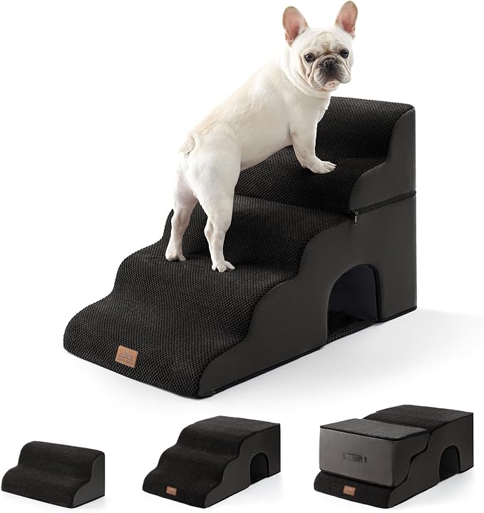COZY KISS Small Dog Stairs with Tunnel, 5 Step Pet Ramp for High Bed | Curved Stable Dog Step for Puppy, Older Cat, Senior, Medium, Short-Legged Dog, Non-Slip Ladder for Car, 22.4" H, Black