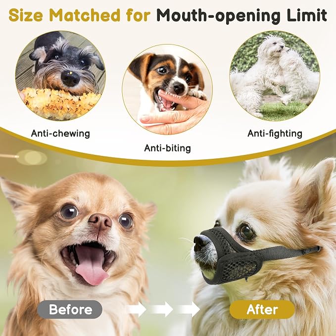 Mesh Muzzle for Short Snout and Small Medium Dogs Anti-Biting | Fits Brachycephalic Dogs Chihuahua Pomeranian, Opening Front, Allow Panting, Grooming Vet Visits Use, Soft Fabric | XS