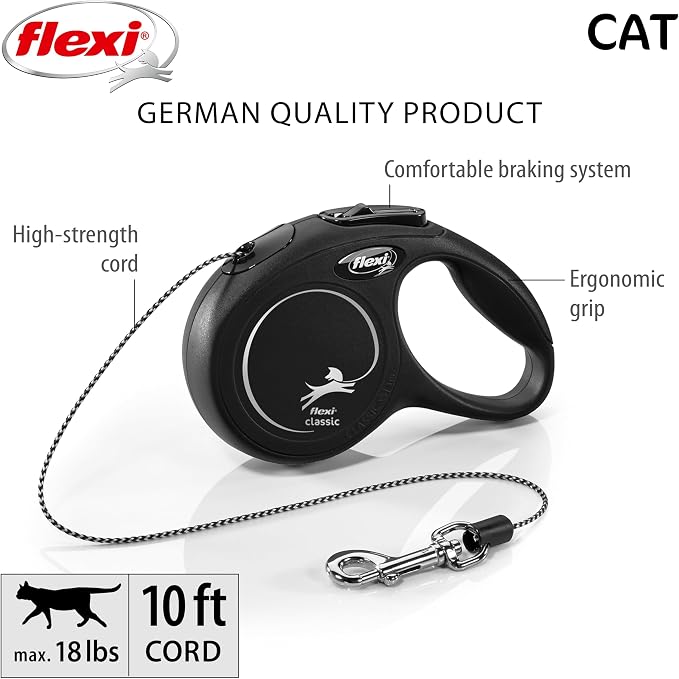 FLEXI® Classic XS Cord Retractable Cat Leash, 3-Finger Grip, 10 ft - Black | German engineered, original flexi leash, durable quality for cats up to 18 lbs, tangle-free, walking, reliable brake system