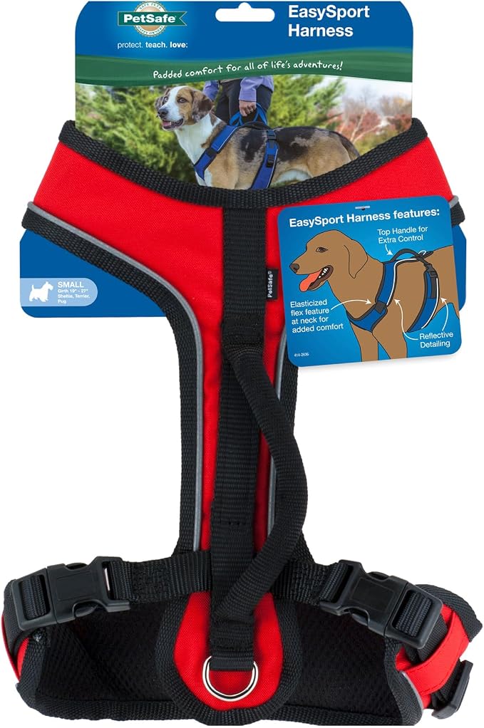 PetSafe EasySport Dog Harness, Adjustable Padded Dog Harness with Control Handle and Reflective Piping, From the Makers of the Easy Walk Harness, Red | Padded, Elastic Neckline Harness for Active Dogs, Reflective Piping for Visibility, Top Control Hand...