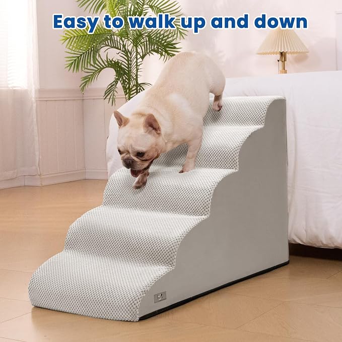 Airpanda 5 Step Dog Stairs for High Bed – Pet Steps for Small Dogs, Non-Slip Dog Ramp with Washable Cover, Pet Ladder for High Beds,Light Grey