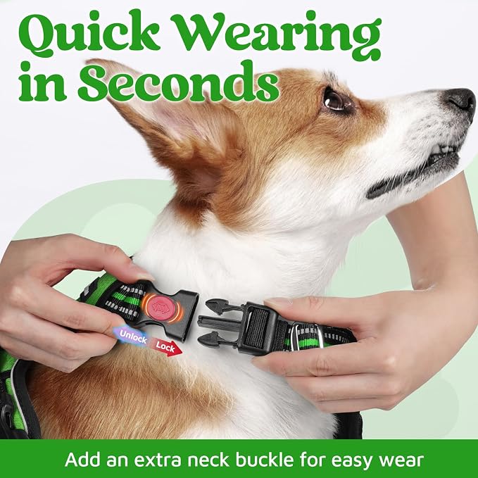 rabbitgoo Dog Harness Medium Sized, No Pull 3 Buckles Easy On & Off | Soft Padded, Walking with Control Handle, Adjustable and Reflective, Green, Medium