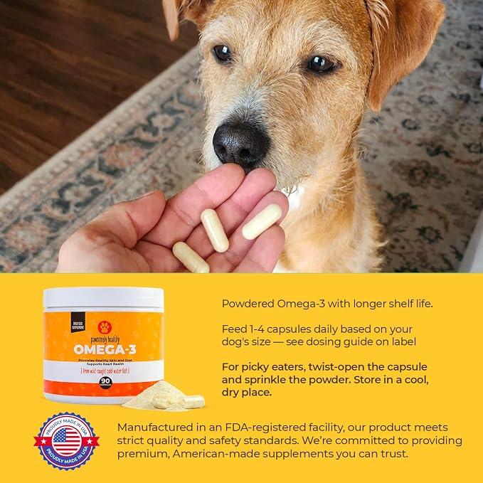 Pawsomely Healthy Omega-3 for Dogs – Mess-Free Powder Capsules, No Refrigeration – Wild-Caught Anchovy Oil – EPA & DHA for Skin, Coat, Joints & Heart – All Breeds & Life Stages – 90 Count