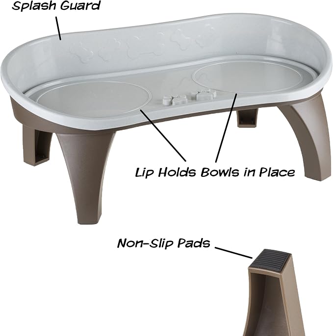 Elevated Pet Feeding Tray with Splash Guard & Non-Skid Feet, Raised Dog Bowl Stand 21″ x 11″ x 8.5″ with Two Stainless Steel Bowls for Food & Water, Comfortable Mealtime for Dogs & Cats by PETMAKER