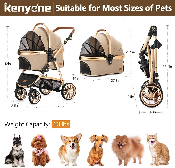 Kenyone 3-in-1 Pet Stroller - Khaki (C510L), Detachable Carrier