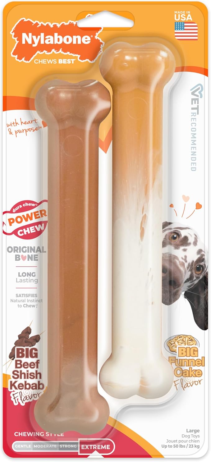 Nylabone Power Chew Original Bone Dog Chew Toys, Large, 2 Count | Funnel cake and shish kabob flavors, durable chew toys, discourages destructive chewing, for dogs up to 50 pounds