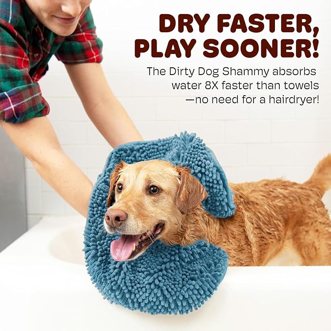 Dog Gone Smart The Dirty Dog Shammy - Fast Drying Plush Shammy Towel with Dual Hand Pockets and Elastic - Super Absorbent Polyamide Microfiber & Machine Washable - Pacific Blue, X-Large