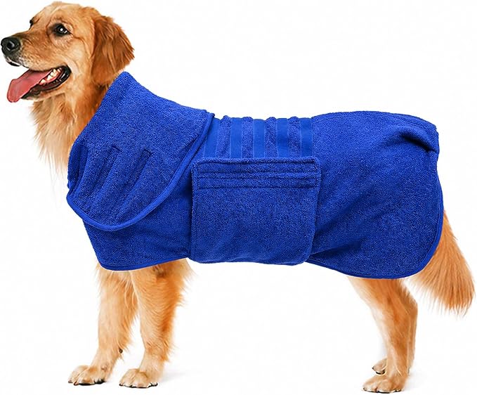 Geyecete Dog Drying Coat - Dog Bathrobe Towel - Microfibre Fast Drying Super Absorbent Pet Cat Bath Robe Towel, Luxuriously Soft - Blue - XXL
