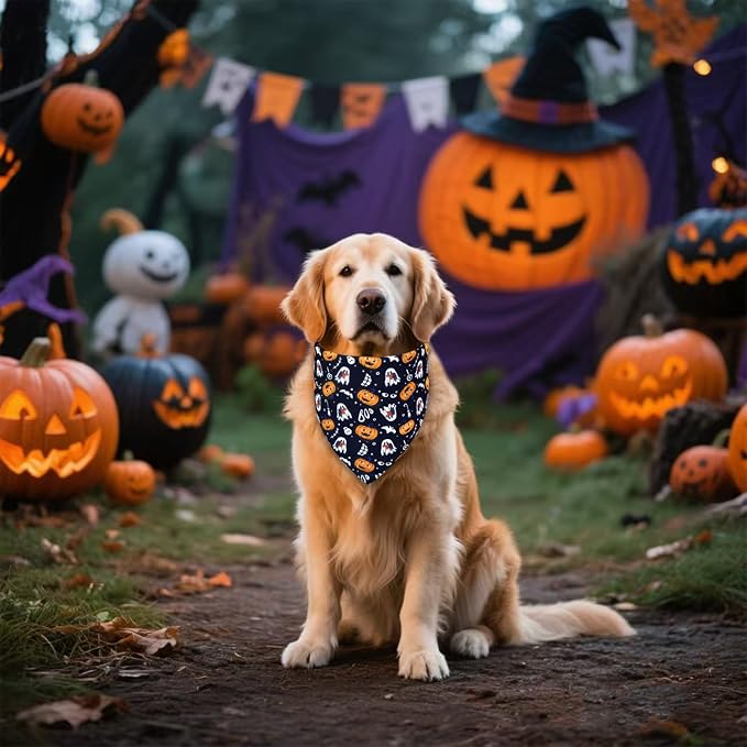 Halloween Dog Bandana for X-Large Dogs, Pumpkin, X-Large, Black