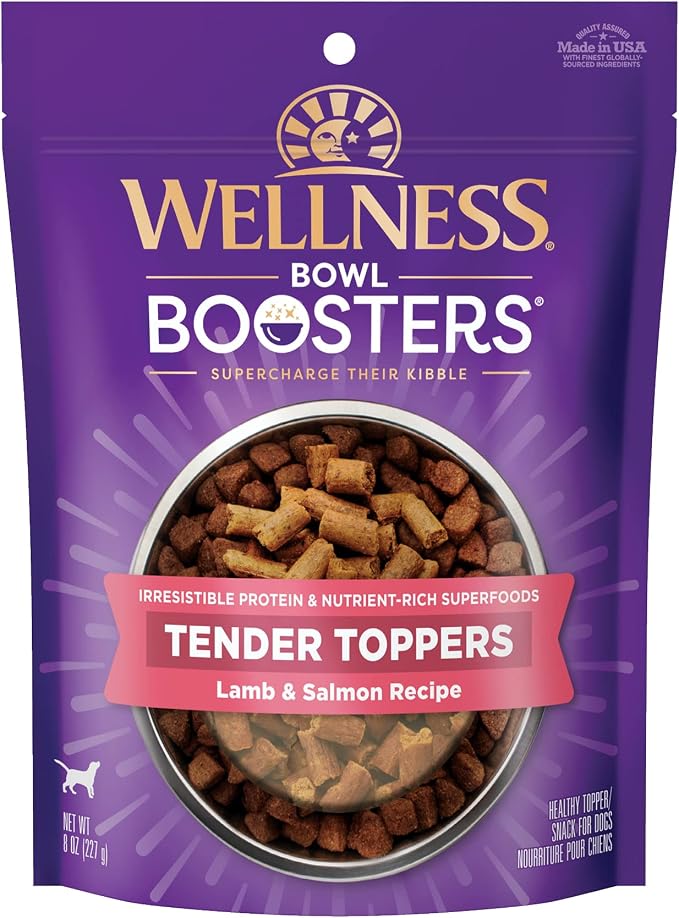 Wellness Bowl Boosters Tender Toppers Dog Food Topper for Small, Medium, and Large Breeds, Grain Free, Natural, Lamb and Salmon Recipe, 8 oz Bag