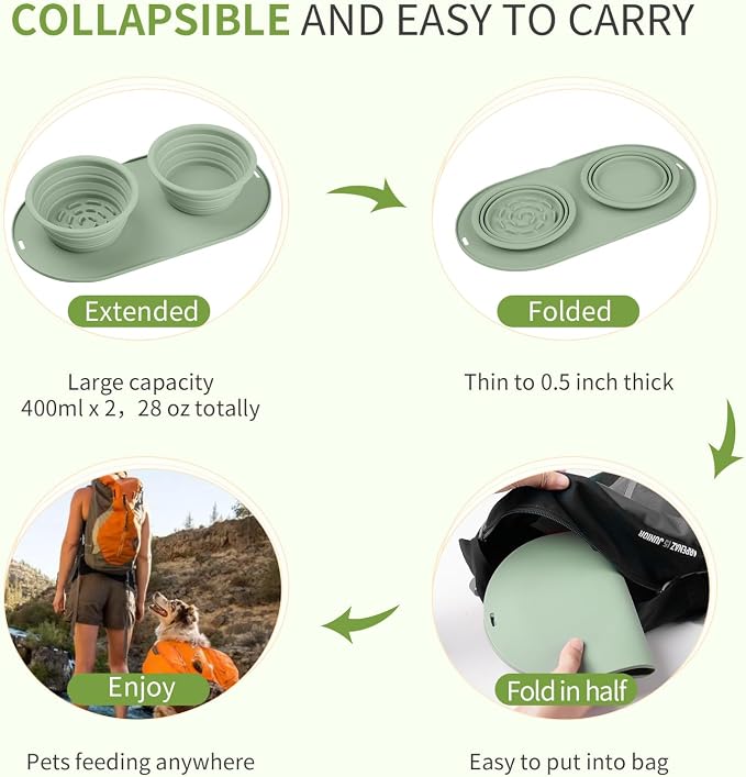 Puppy Dog Bowl, No-Spill Collapsible Double Bowl, Green