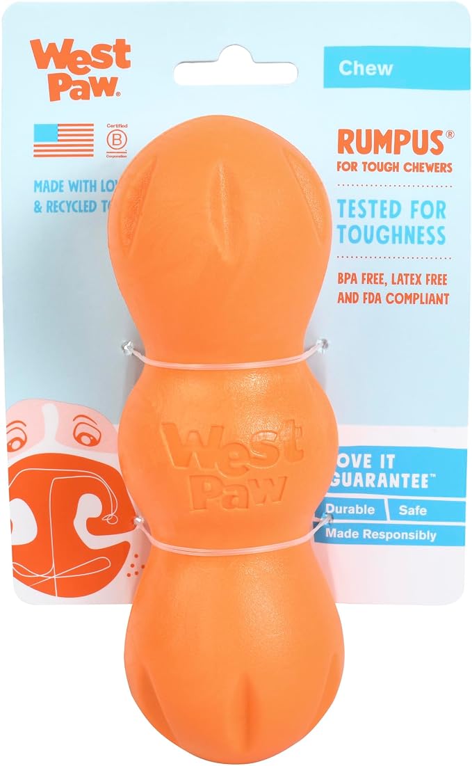 WEST PAW Zogoflex Rumpus Dog Chew Toy – Floatable Toy for Dogs, Aggressive Chewers – Puppy Chewing Toys for Catch, Fetch – Recyclable, Dishwasher-Safe, Medium 6.25", Tangerine